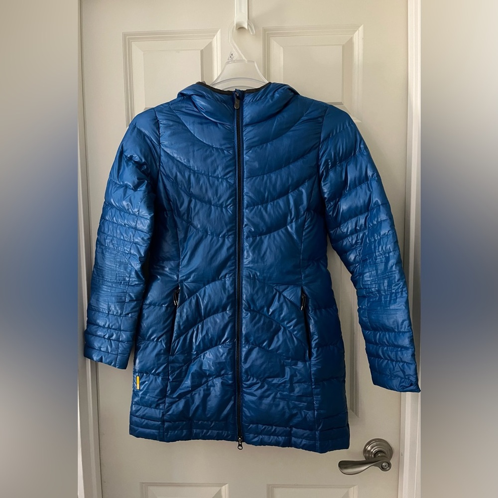 Women’s Lole Blue Down Puffer Winter Spring Hooded Jacket RN# 123274 Small light